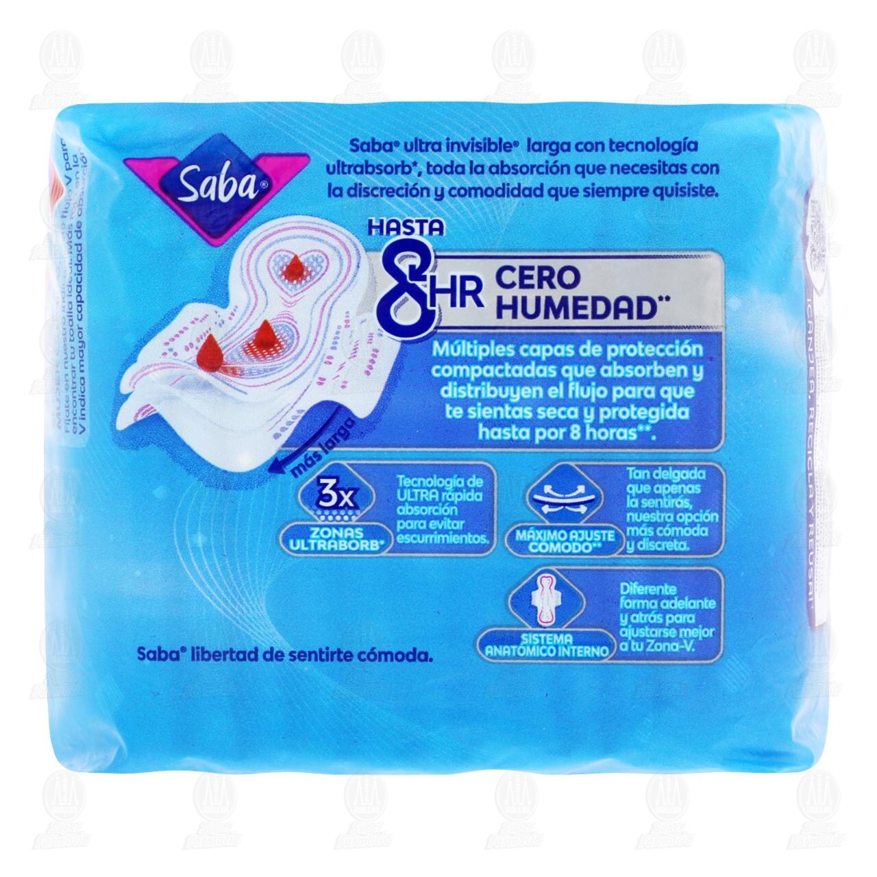 Toallas Femeninas Saba Ultra Invisible Ultradelgada Larga con Alas, 12 pzas. image number 2