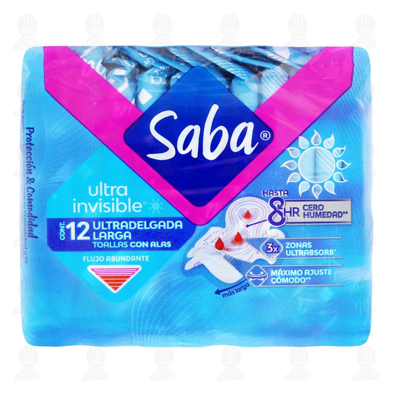 Toallas Femeninas Saba Ultra Invisible Ultradelgada Larga con Alas, 12 pzas. image number 1