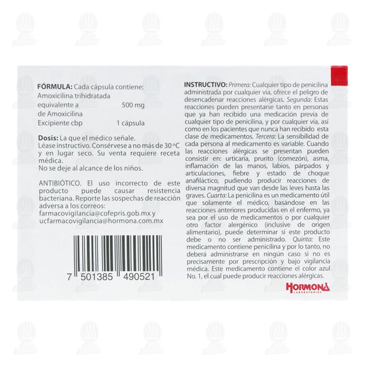 Amoxicilina 500 mg, 12 C&aacute;psulas Laboratorio Hormona. image number 2