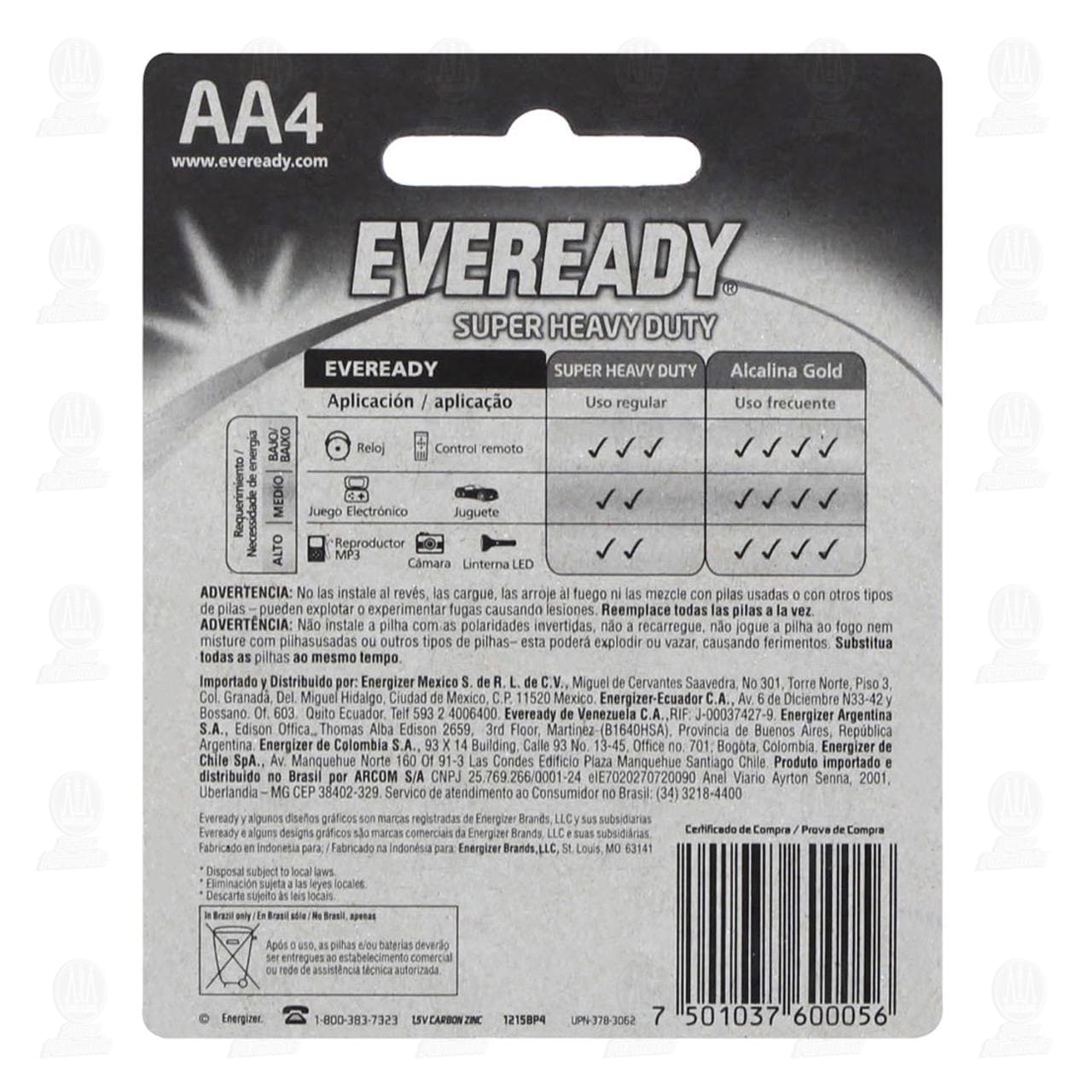 Pilas Eveready de Carbón Zinc Super Heavy Duty AA, 4 pzas. image number 1