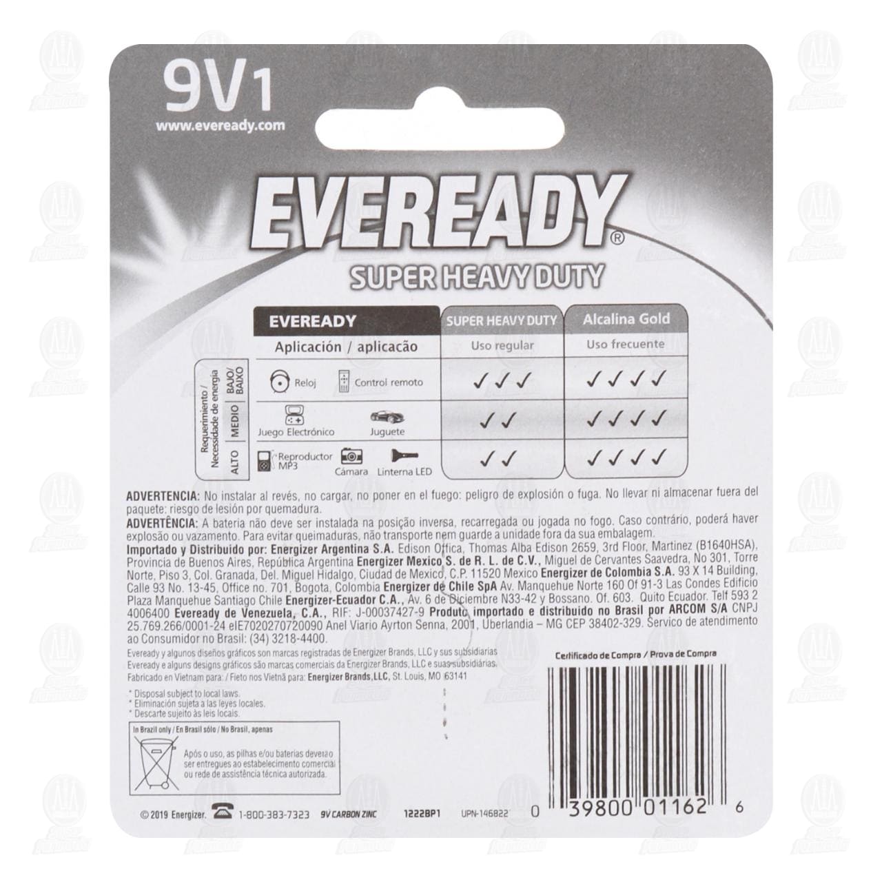Pilas Eveready de Carb&oacute;n Zinc Super Heavy Duty Cuadrada 9V, 1 pz. image number 1