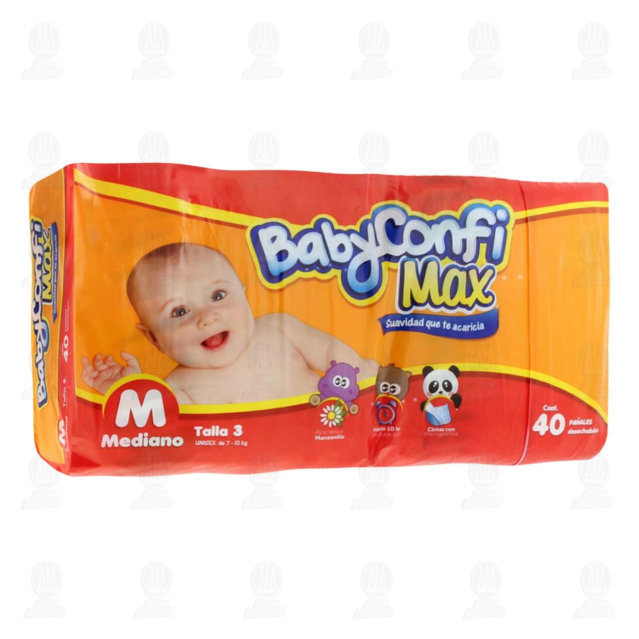 Pañales para Bebé Baby Confi Max Manzanilla y Aloe Desechables Talla Mediano, 40 pzas.
