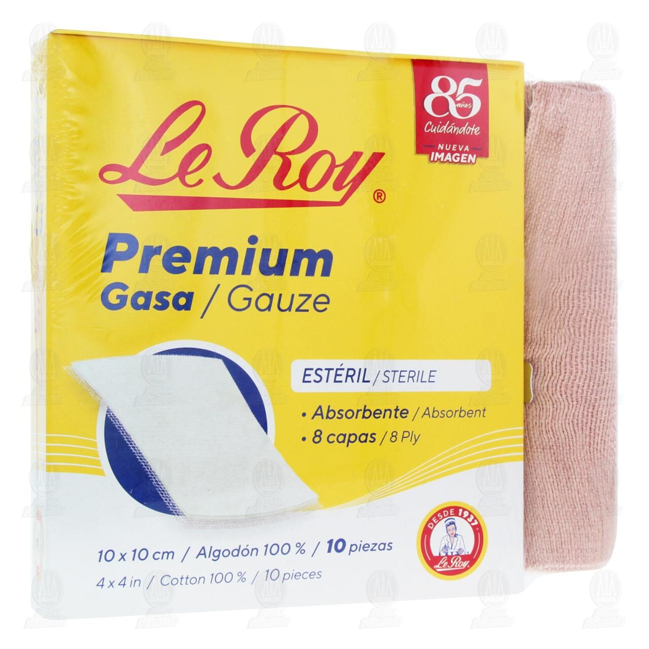 Gasa Le Roy Premium 10cm x 10cm + Venda, 10 pzas.