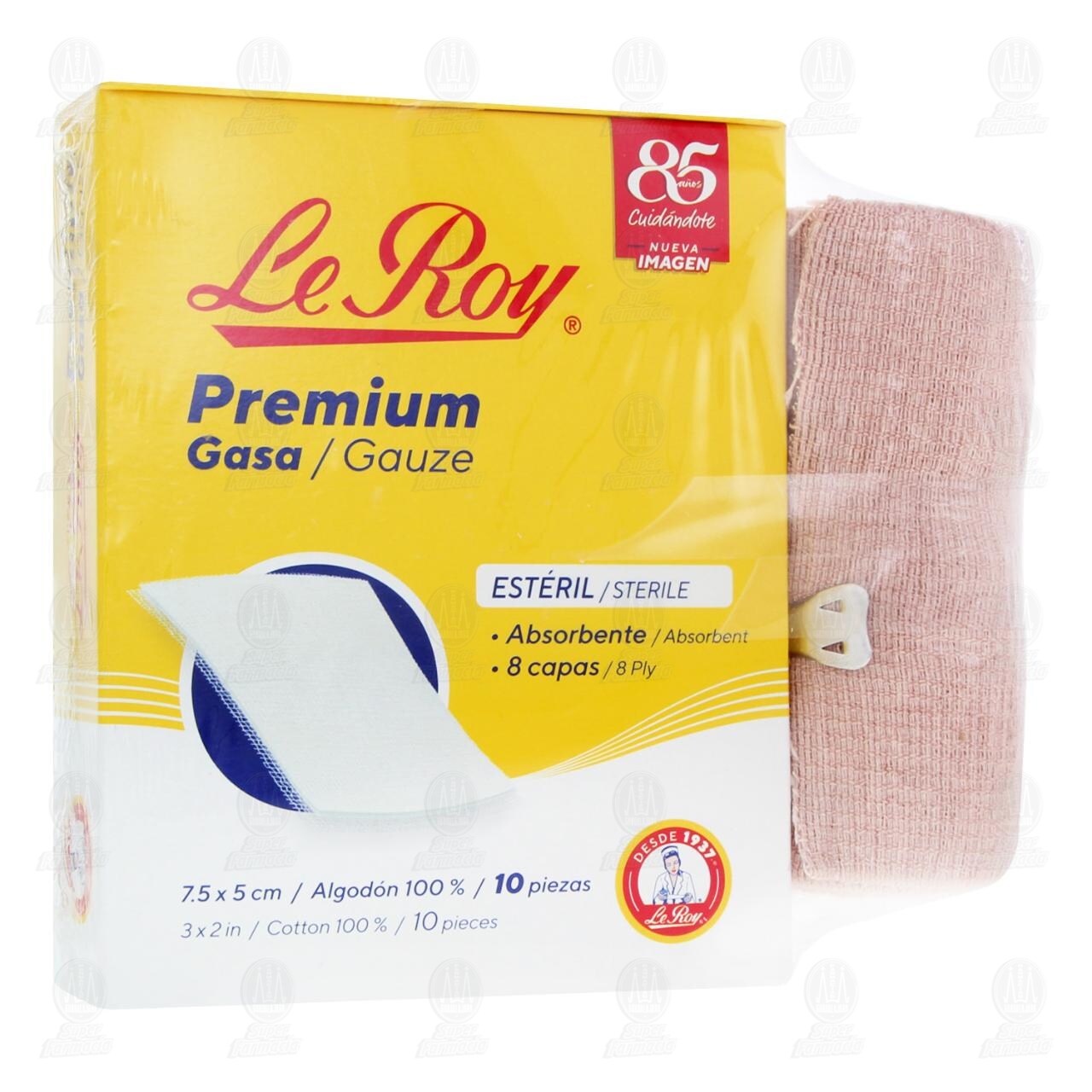 Gasa Le Roy Premium 7.5cm x 5cm + Venda, 10 pzas.