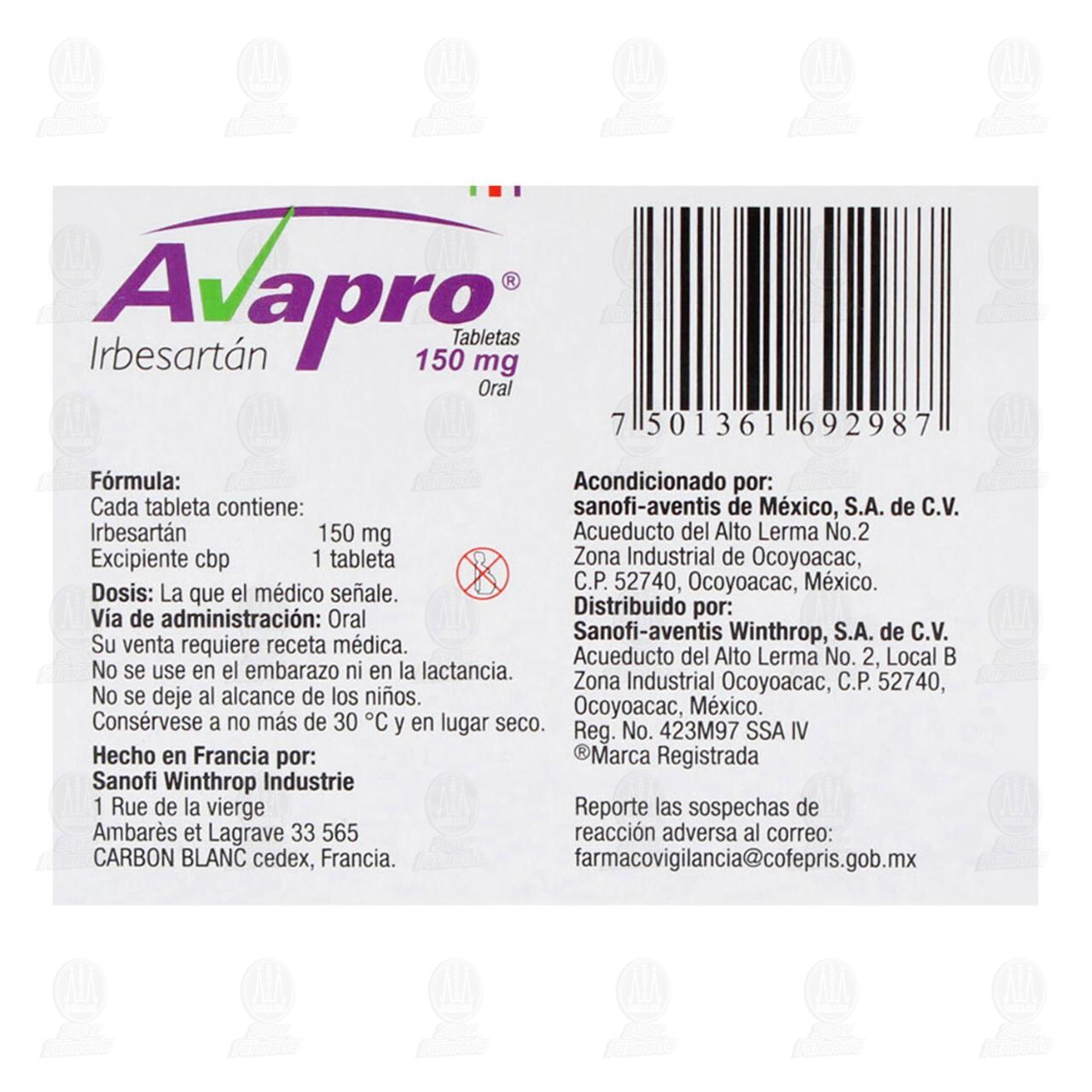 Avapro 150 mg, 28 Tabletas. image number 2
