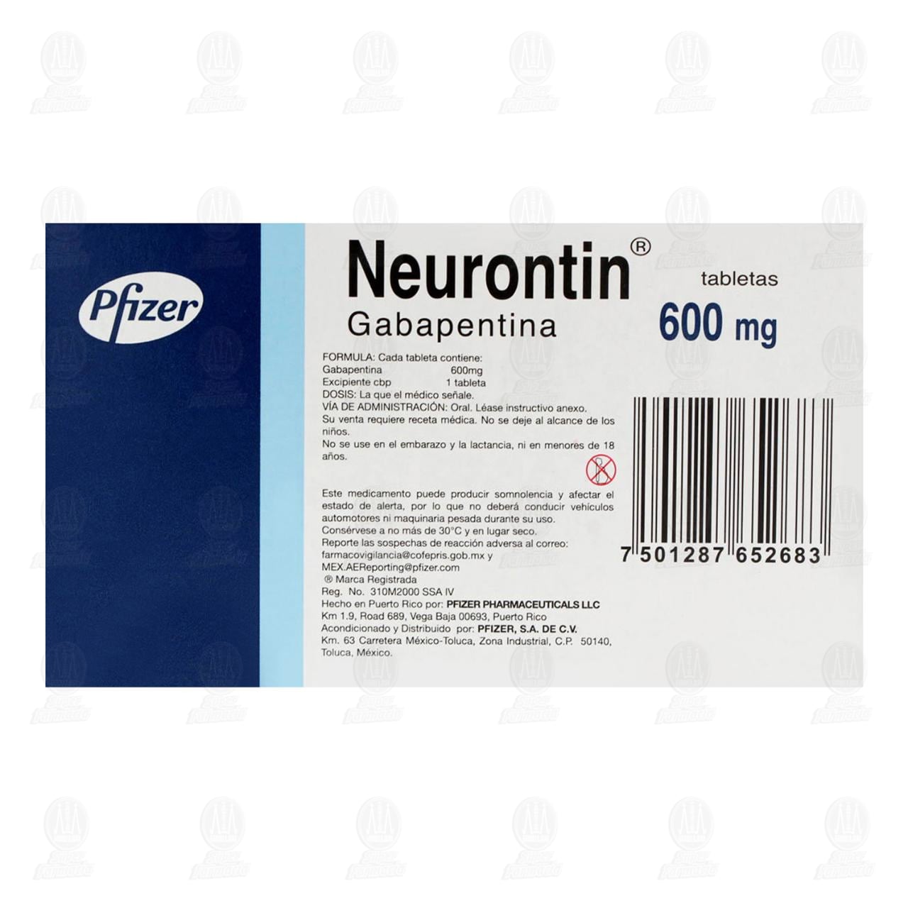 Neurontin 600 mg, 15 Tabletas. image number 2