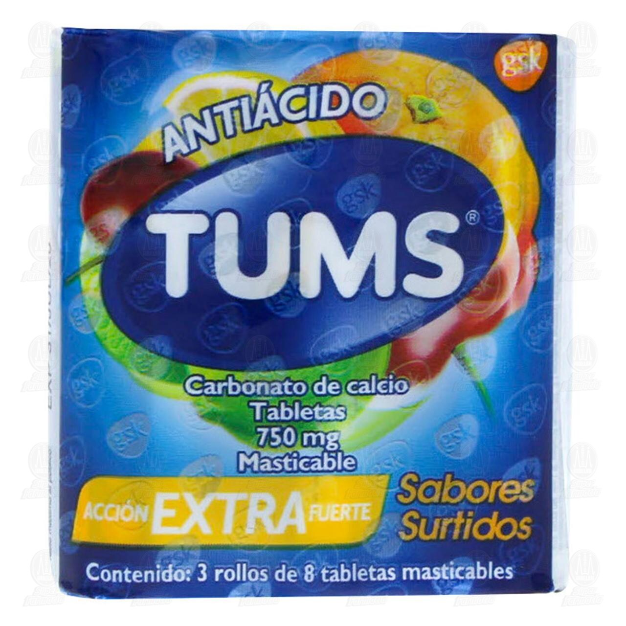 Tums Antiácido Tabletas Masticables Extra Surtido, 24 Tabletas (3 Rollos de 8 Tabletas c/u). image number 1