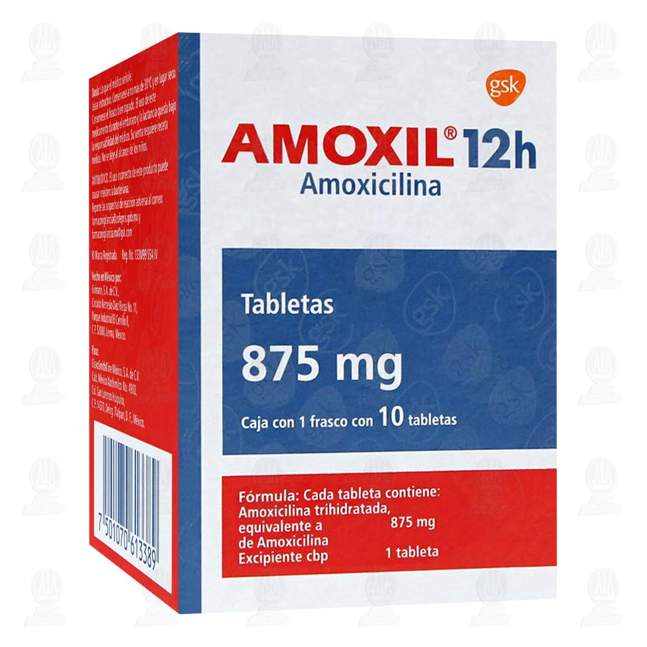 Amoxil 12h 875 mg, 10 Tabletas. image number 0